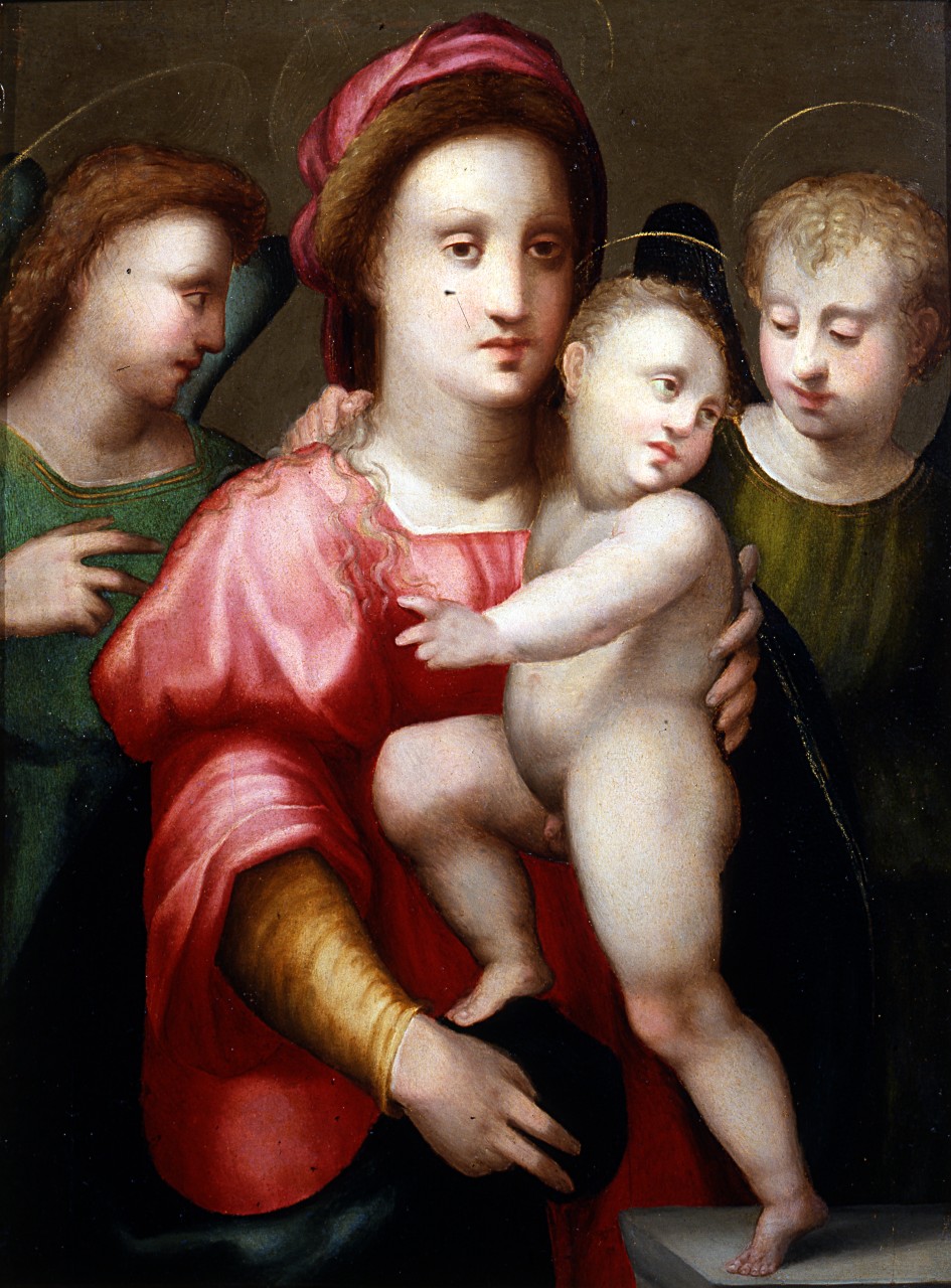 Madonna con Bambino e due angeli (dipinto) di Puligo Domenico (sec. XVI)