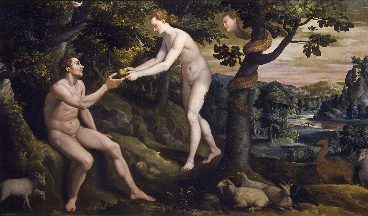 Eva offre il frutto proibito a Adamo nel giardino di Eden (dipinto) di Santi di Tito (sec. XVI)