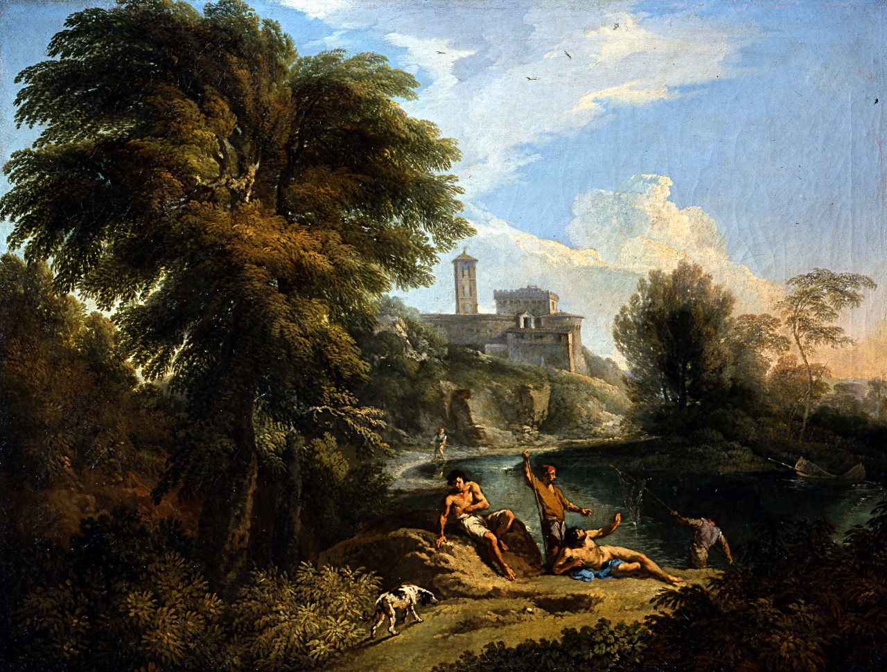paesaggio con figure e una rocca (dipinto, pendant) di Locatelli Andrea (sec. XVIII)