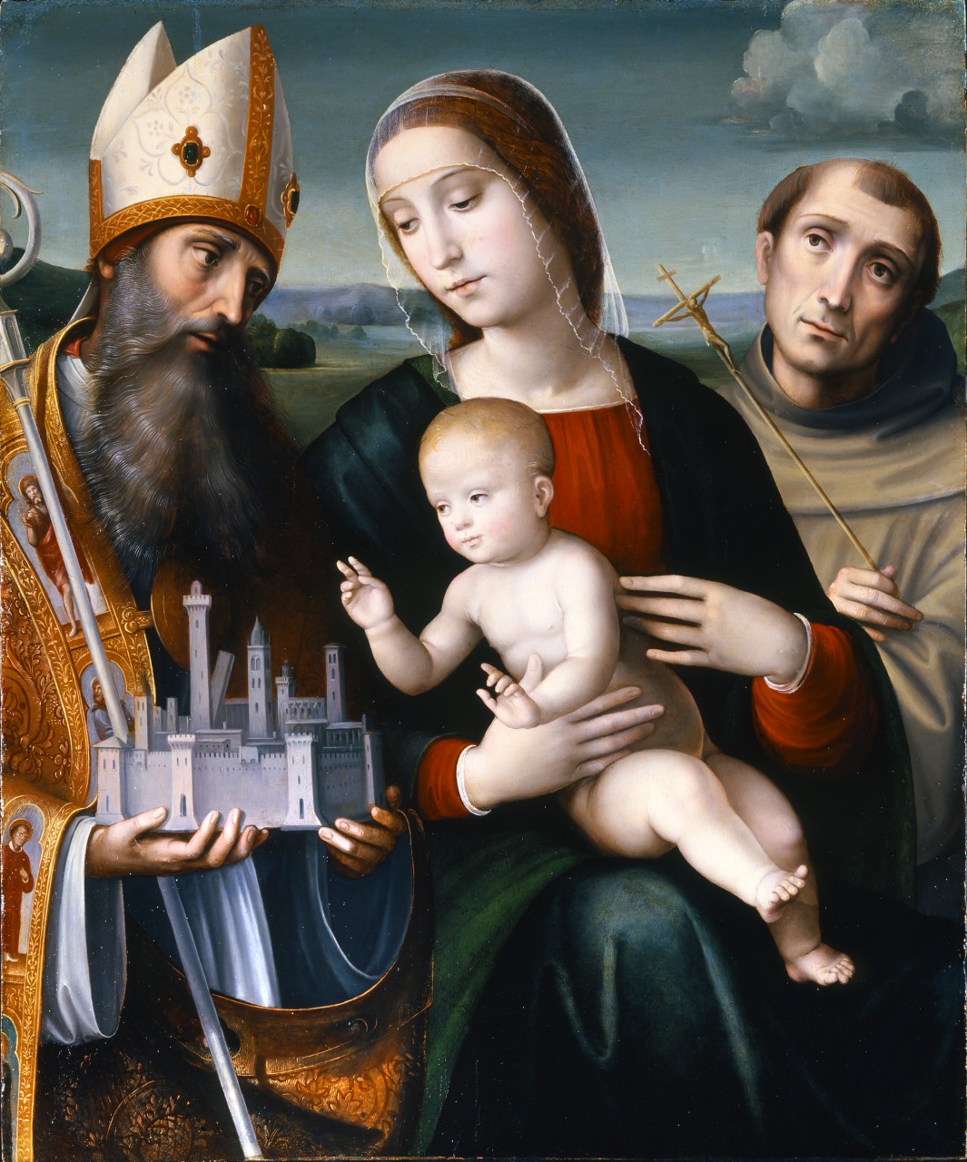 Madonna con Gesù Bambino, San Petronio e San Francesco d'Assisi (dipinto) di Raibolini Francesco detto Francia (sec. XVI)