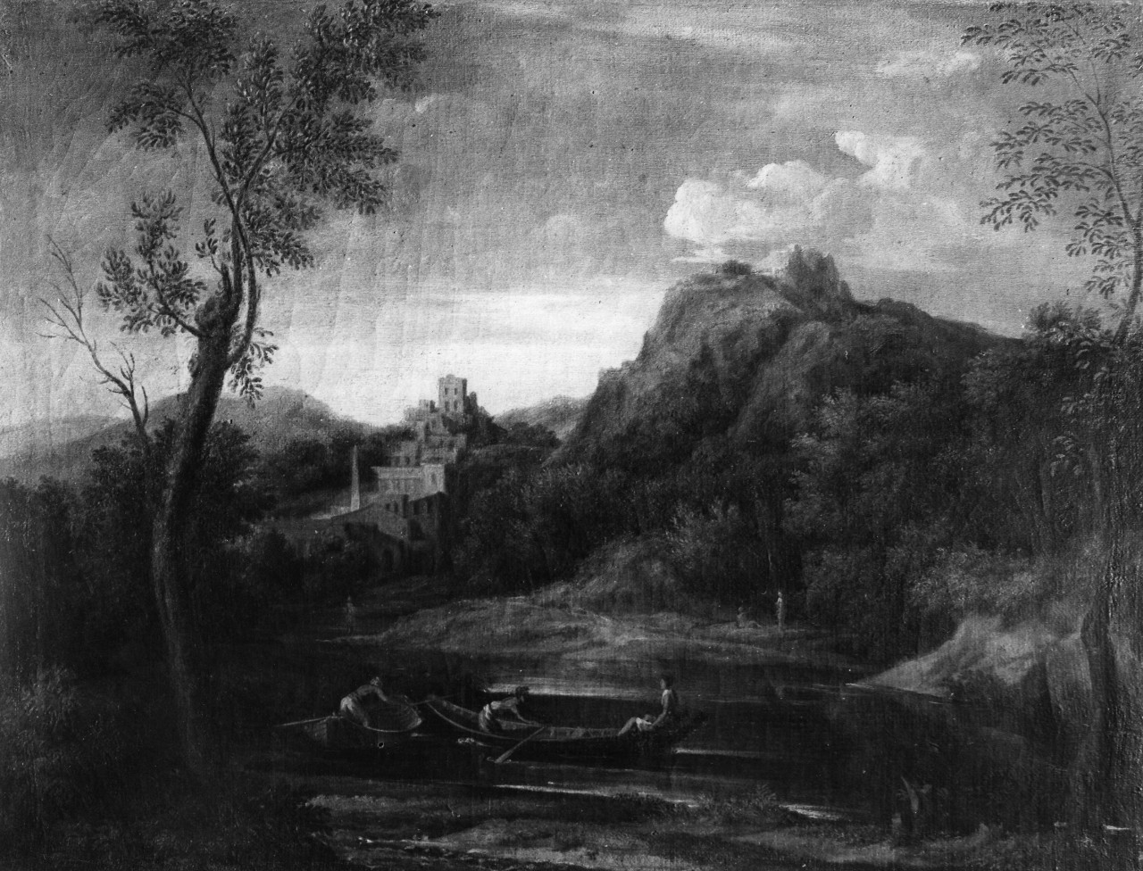 paesaggio con barche su un fiume (dipinto) di Dughet Gaspard (sec. XVII)