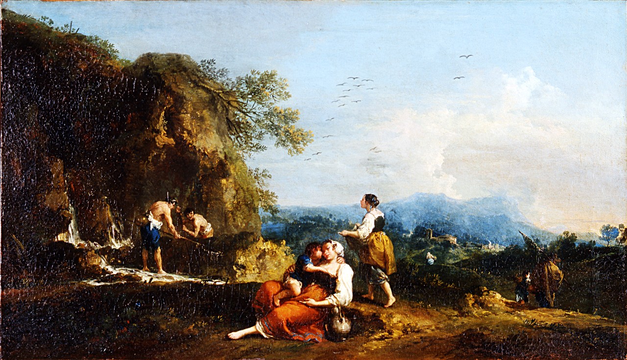 paesaggio con madre, bambino e pescatori (dipinto, pendant) di Zuccarelli Francesco (sec. XVIII)