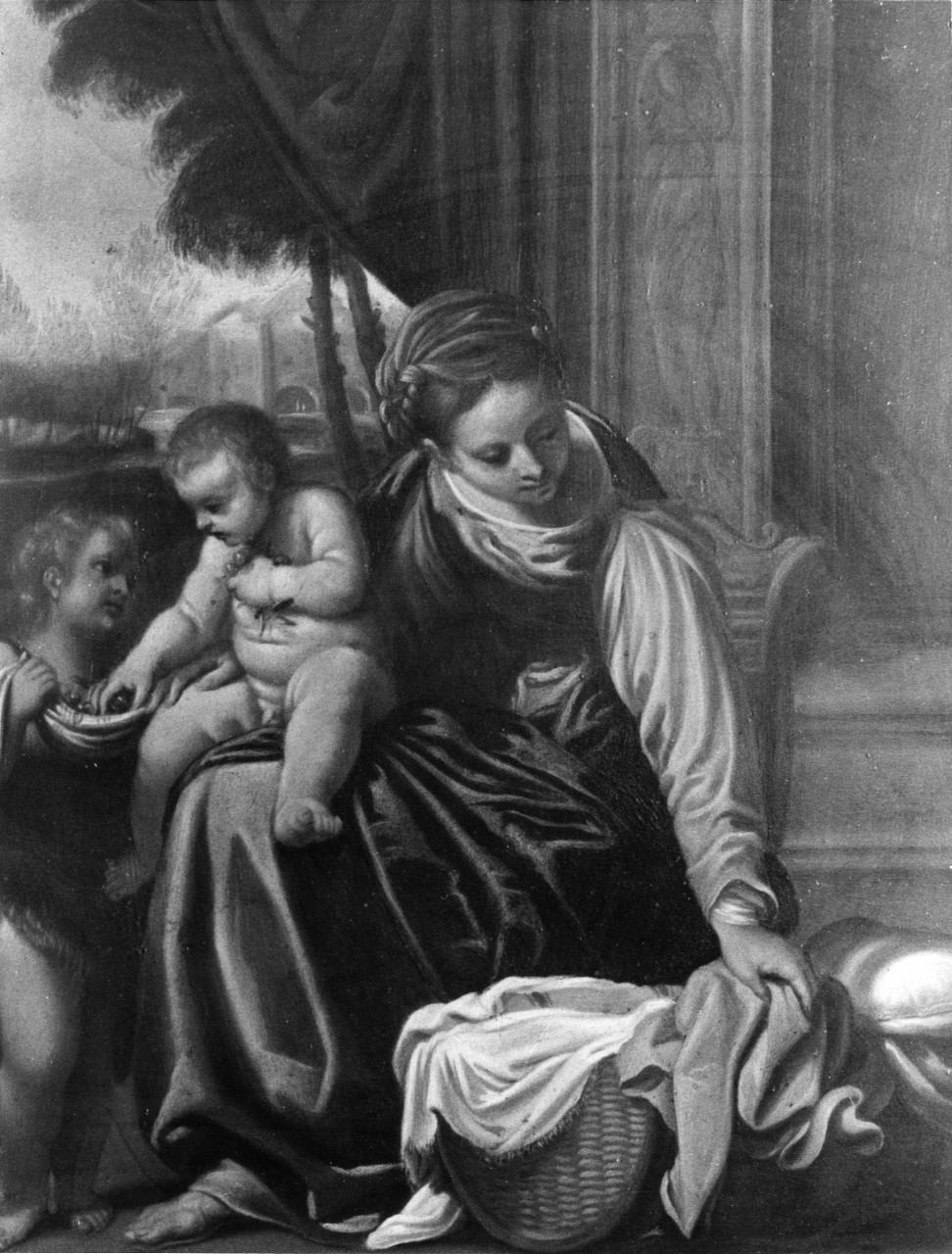 Madonna con Gesù Bambino e San Giovannino (dipinto) di Tiarini Alessandro (attribuito) (sec. XVII)