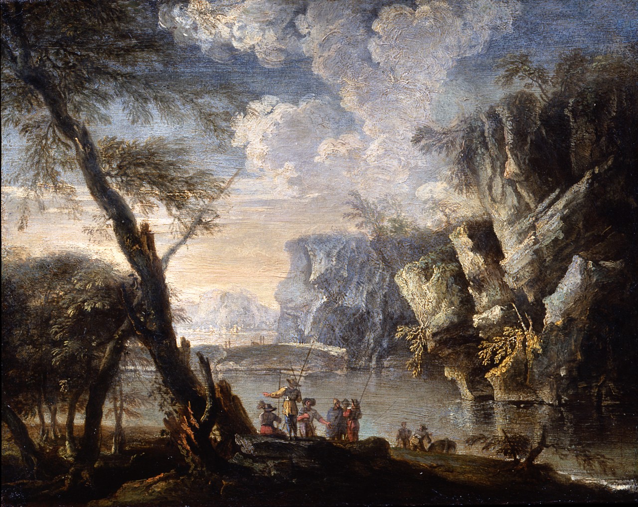 paesaggio con pescatori e soldati (dipinto) di Rosa Salvatore (cerchia) (sec. XVII)