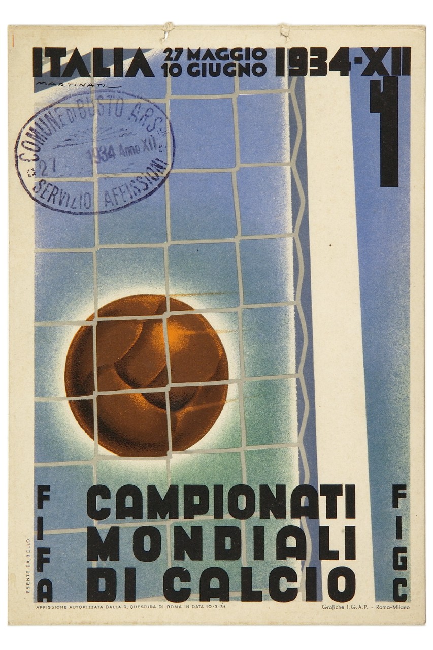 pallone da calcio entra in rete (locandina) di Martinati Luigi (sec. XX)