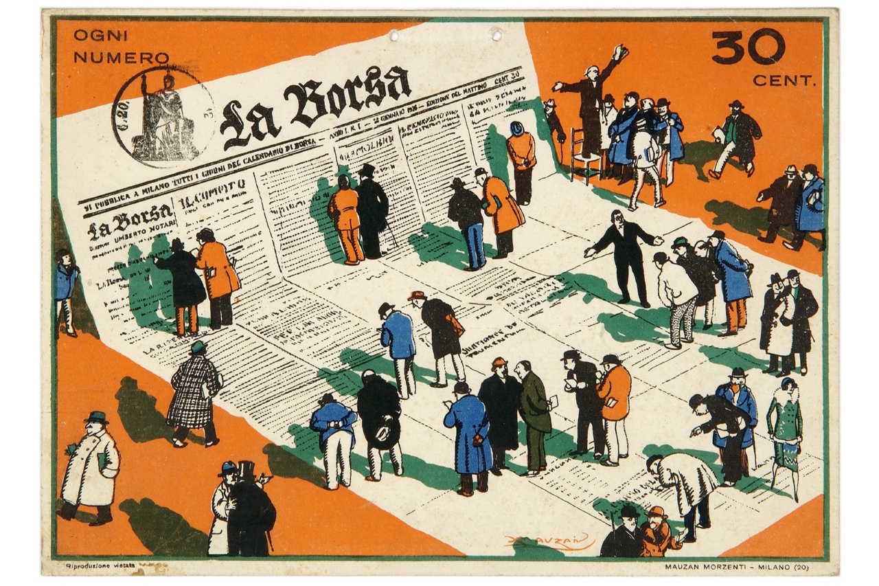 grande pagina di giornale su cui uomini e donne camminano e leggono (locandina) di Mauzan Achille Luciano (sec. XX)