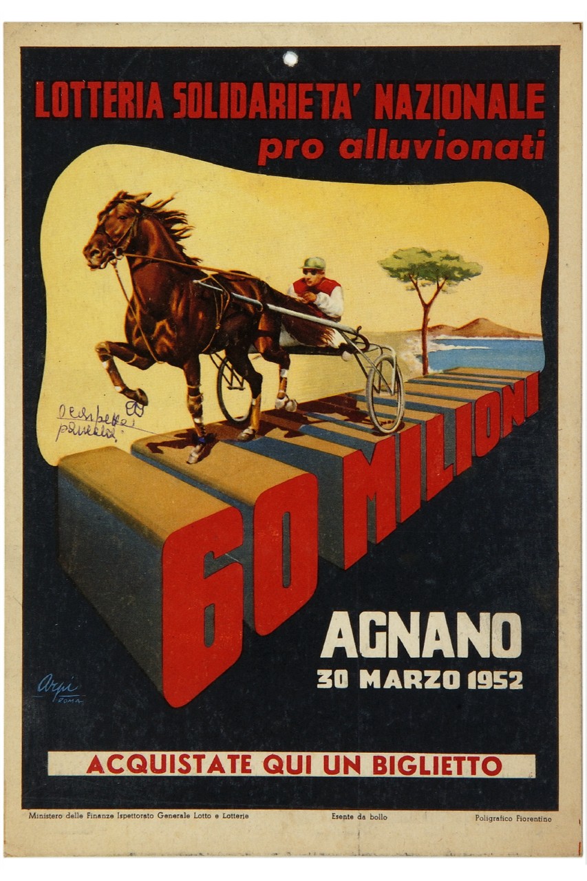fantino su calesse e cavallo con veduta del Golfo di Napoli sul fondo (locandina) di Arpi (sec. XX)