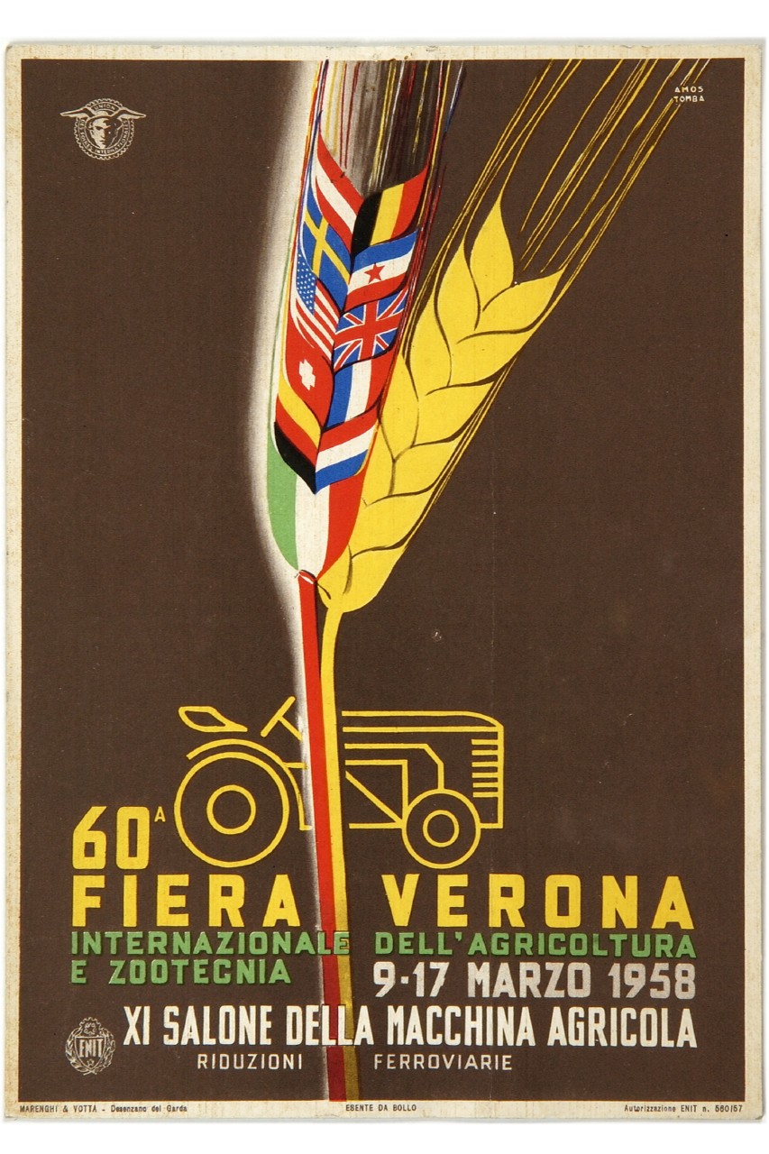 due spighe con bandiere e profilo di trattore su fondo nero (tabella) di Tomba Ernesto Amos (sec. XX)