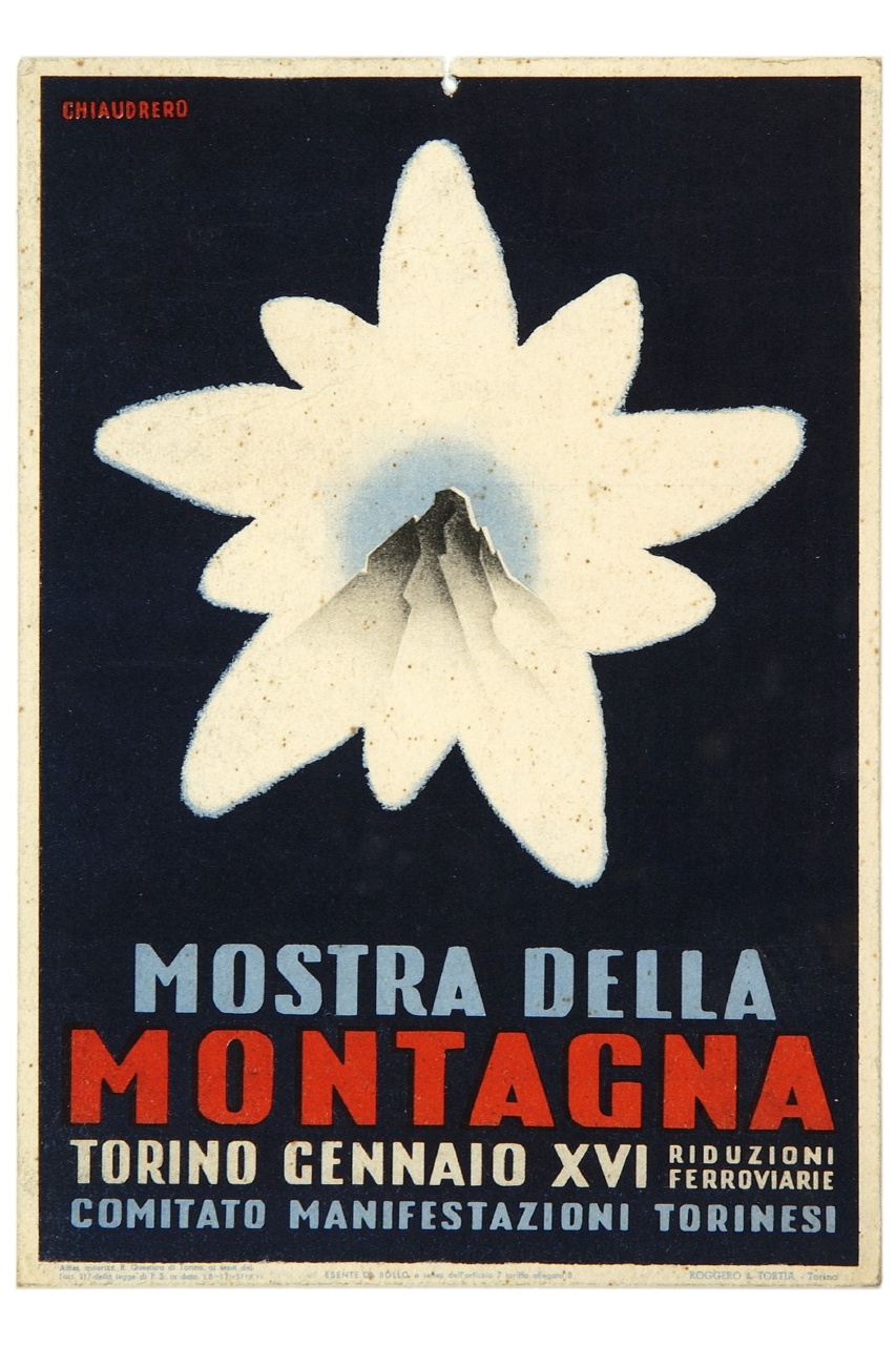 profilo del Cervinio raffigurato entroil profilo di una stella alpina (locandina) di Chiaudrero Domenico (sec. XX)