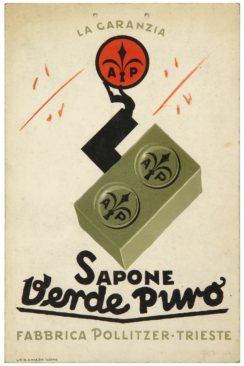 saponetta verde con braccio che regge stemma circolare con giglio (locandina) - ambito italiano (sec. XX)