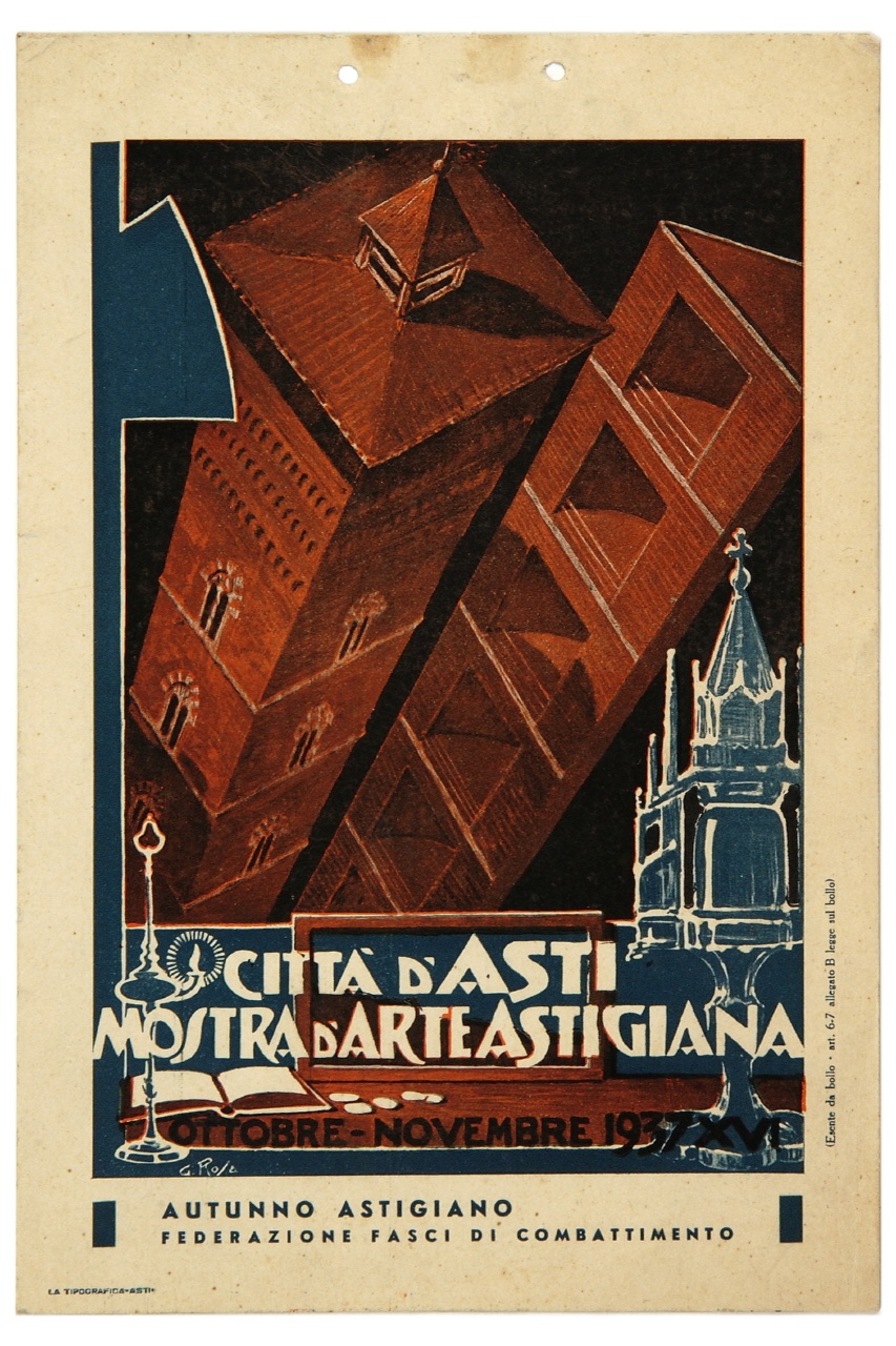 Torre Troyana e torre della Casa del Fascio di Asti con candelabro, libro, ciborio e fascio littorio (locandina) di Giovannini Giovanni Rosa detto Gian Rosa (sec. XX)