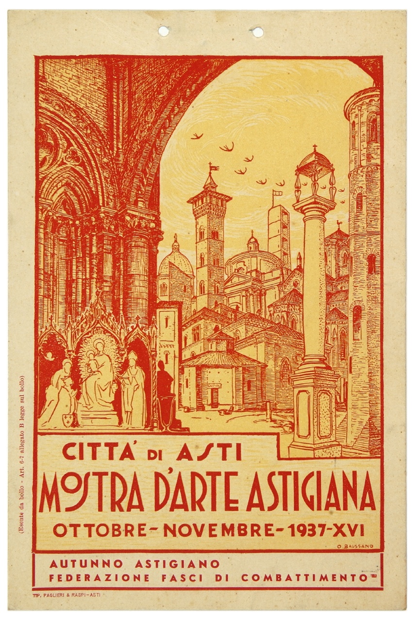 veduta del centro storico di Asti con trittico (locandina) di Baussano Ottavio (sec. XX)