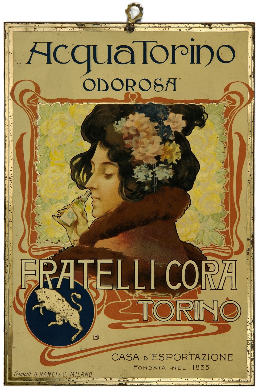 mezzobusto di donna di profilo, con pelliccia e fiori tra i capelli, che annusa bottiglietta di profumo (tabella) - ambito italiano (primo quarto sec. XX)