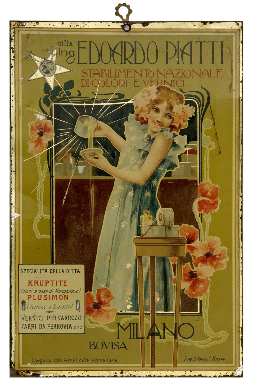 giovane donna con abito azzurro e fiori tra i capelli versa vernice da un barattolo (tabella) - ambito italiano (sec. XX)