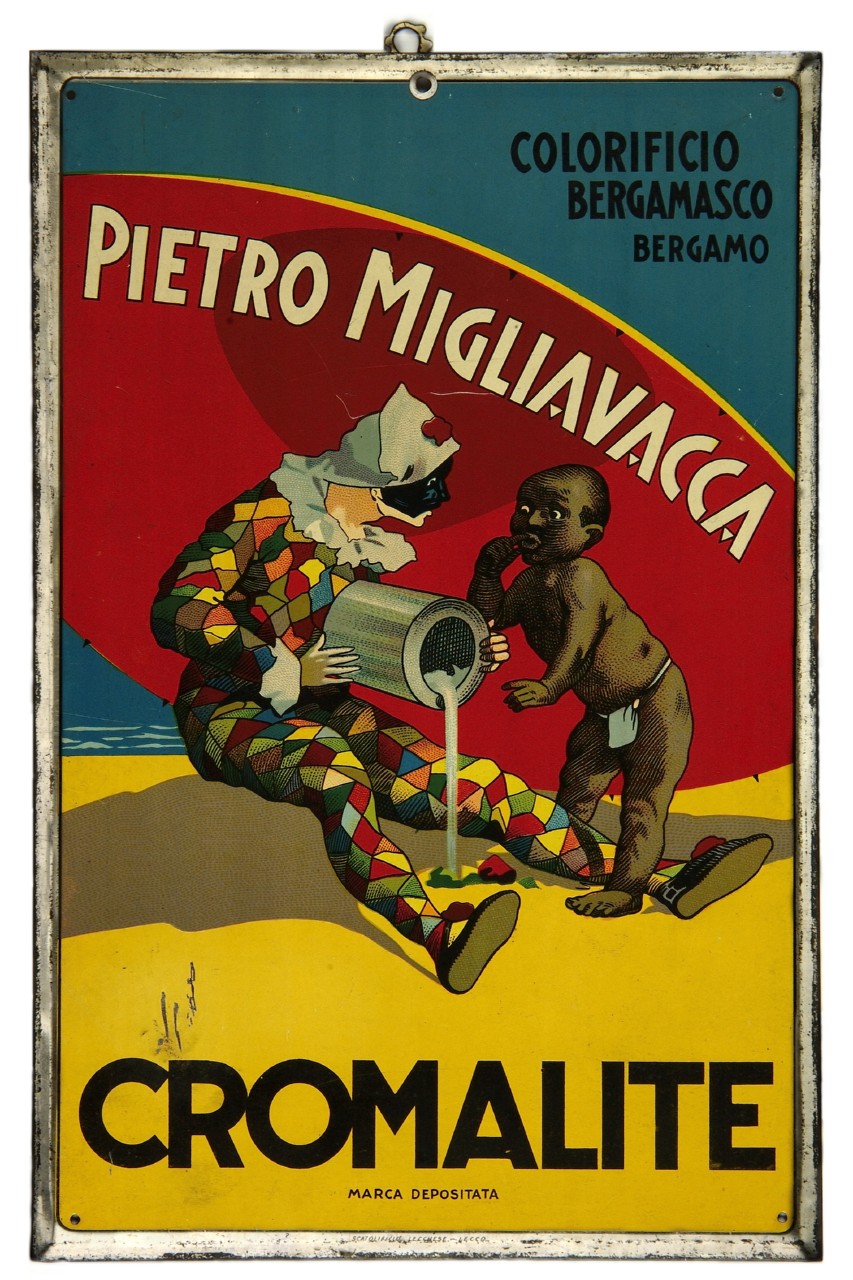 spiaggia con bambino di colore osserva Arlecchino che versa vernice nella sabbia (tabella) - ambito italiano (sec. XX)
