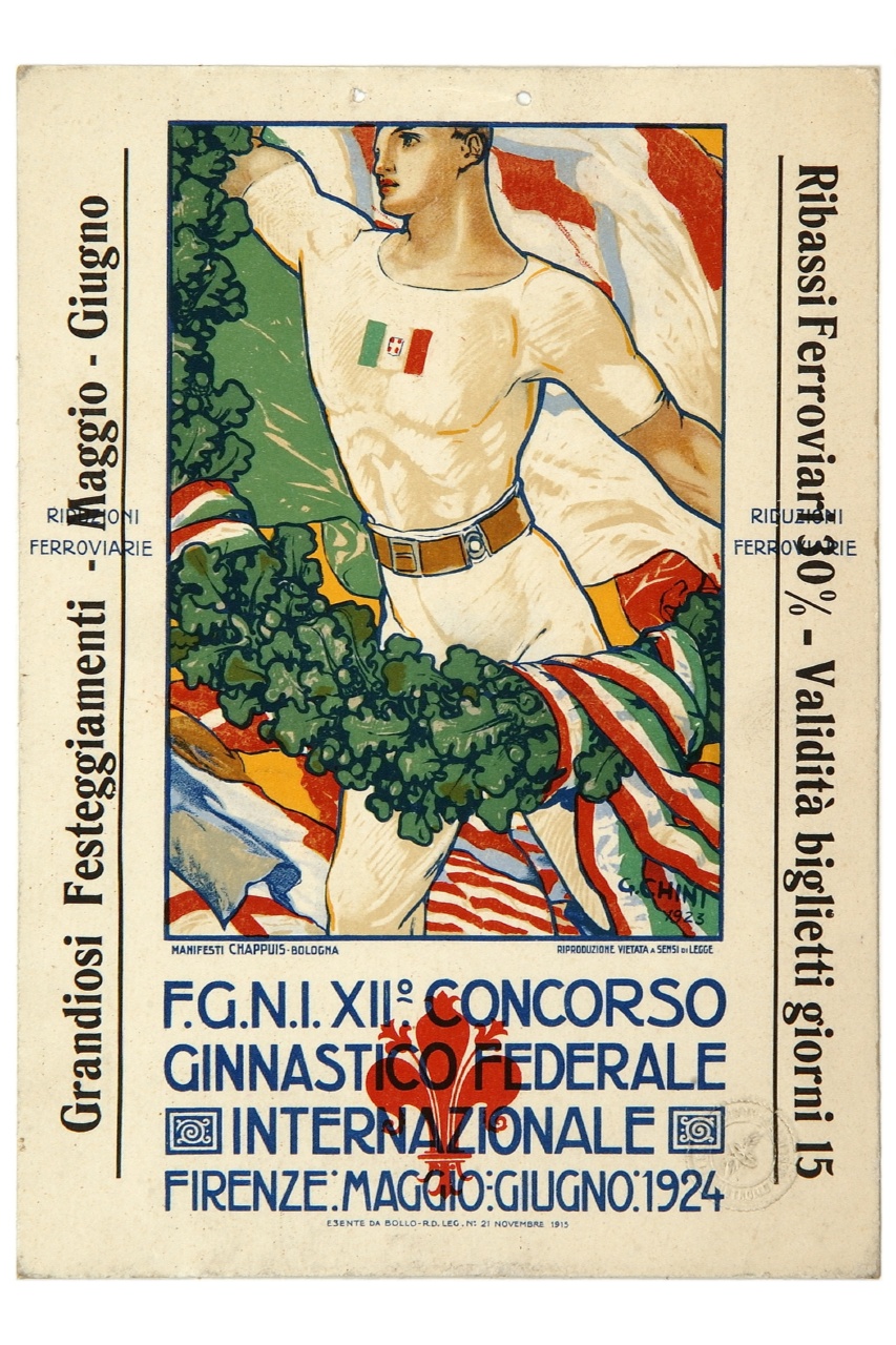ginnasta incorniciato da ghirlanda sullo sfondo del tricolore e di altre bandiere nazionali (locandina) di Chini Galileo (sec. XX)