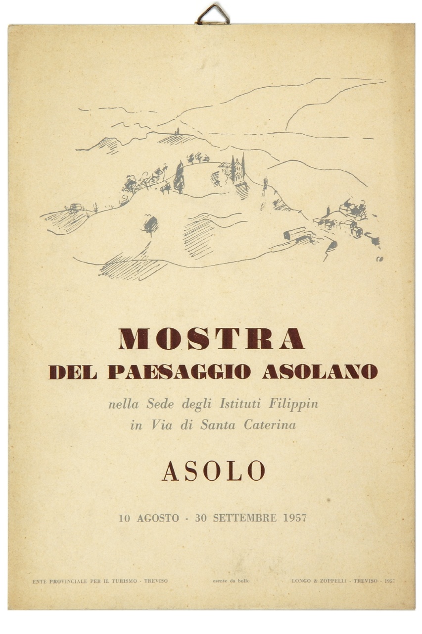 paesaggio stilizzato con colline, alberi e fabbricati (locandina) - ambito italiano (sec. XX)