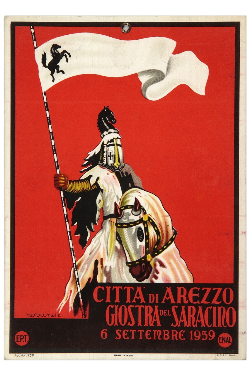il maestro di campo, del gioco della Giostra del Saracino di Arezzo, con il vessillo della città, in groppa ad un cavallo (locandina) di Novarese Aldo (sec. XX)
