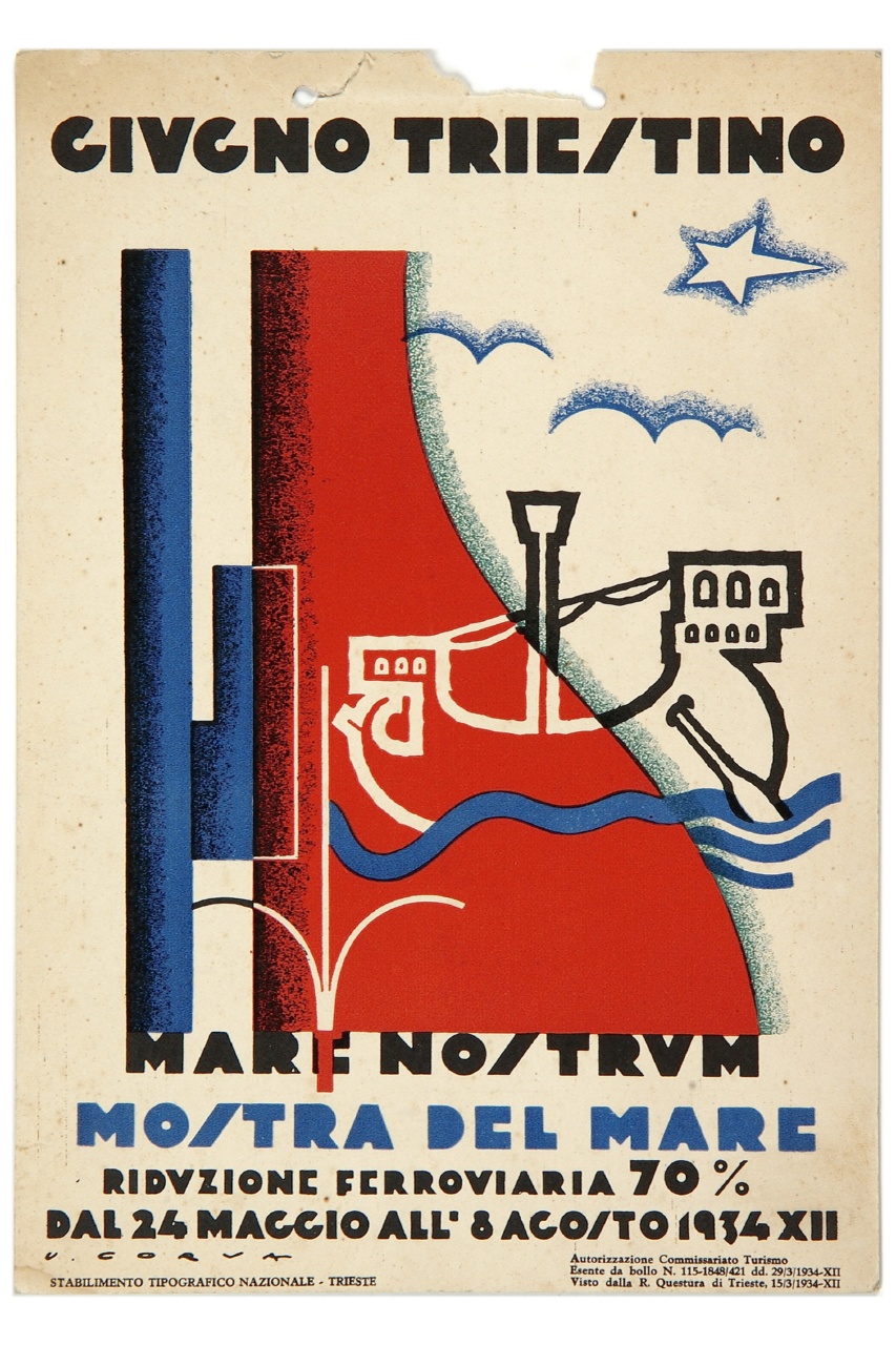 (recto) timone di imbarcazione sullo sfondo di un piccolo galeone (locandina) di Corva Urbano (sec. XX)