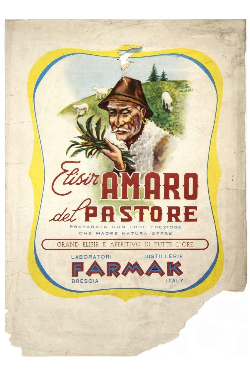 pastore annusa un piccolo fascio d'erbe con pecore sullo sfondo (locandina) di T. Müller - ambito italiano (sec. XX)