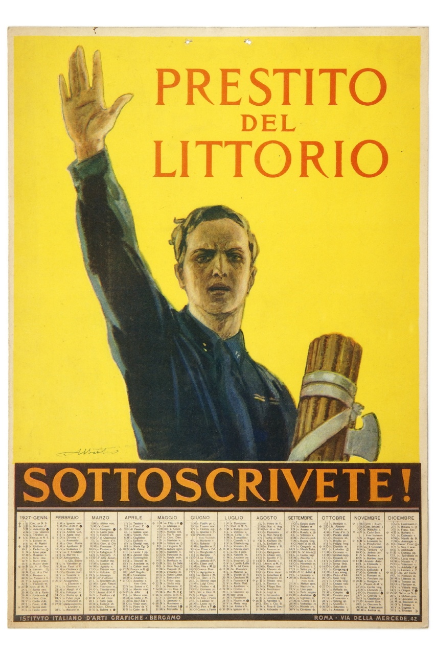 uomo in camicia nera regge un fascio littorio e porge il saluto fascista (calendario) di Alberti Achille (sec. XX)