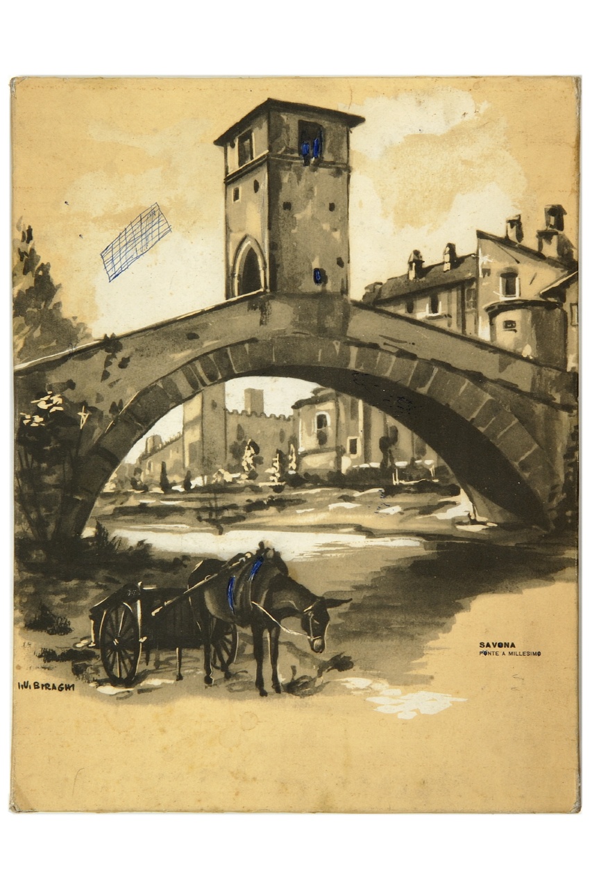 (recto) veduta del ponte della Gaietta di Millesimo (locandina) di Biraghi Ippolito Umberto (metà sec. XX)