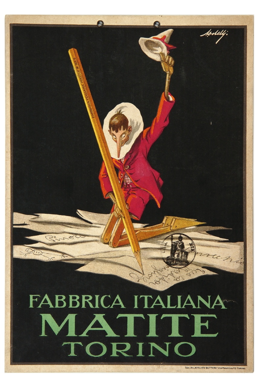 Pinocchio in ginocchio con braccio sinistro alzato a sostenere il cappello scrive e disegna su fogli di carta (locandina) di Ortelli Alfredo (sec. XX)