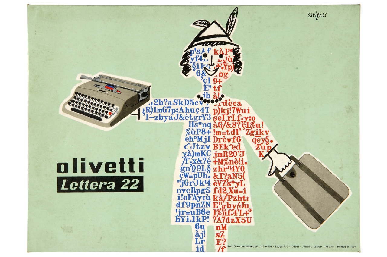 personaggio femminile composto da lettere e numeri tiene in una mano una valigetta e nell'altra una macchina da scrivere (tabella) di Savignac Raymond (sec. XX)