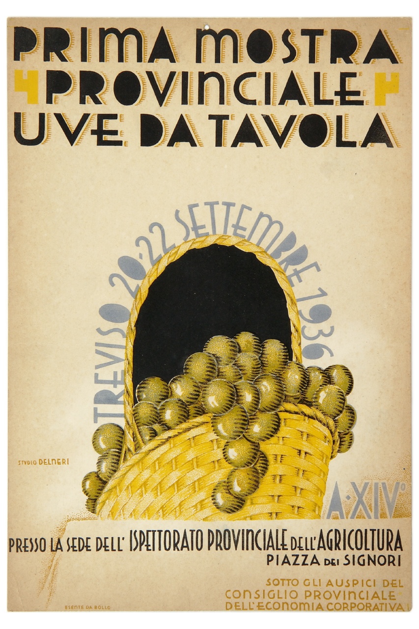 grappoli d'uva con cesto (locandina) di Delneri Silvio (sec. XX)