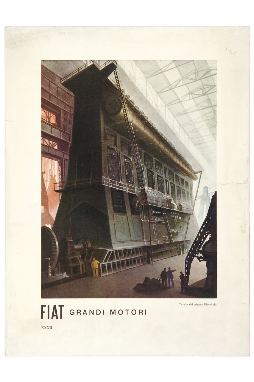 (recto) stabilimento industriale; (verso) pagine di enciclopedia (locandina) di Riccobaldi Del Bava Giuseppe (sec. XX)
