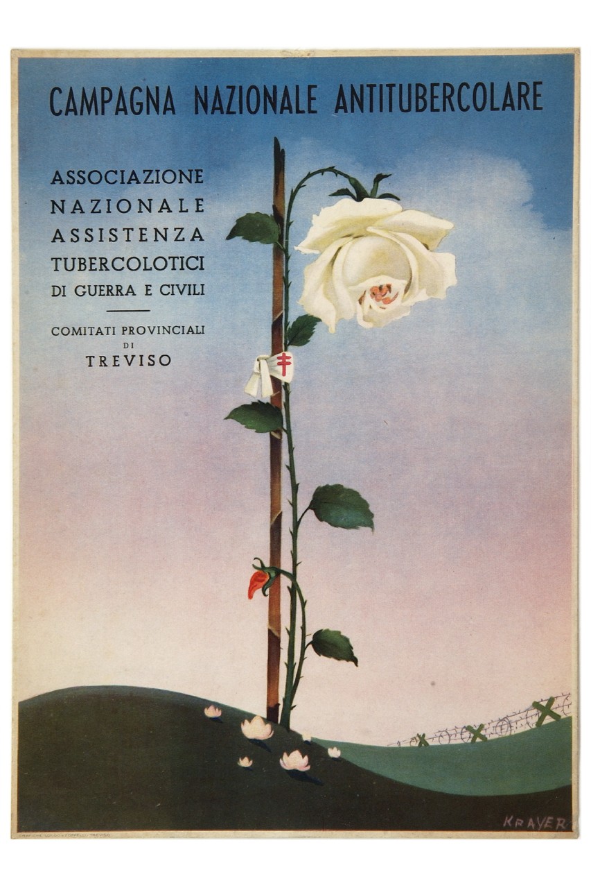 veduta di trincea e rosa legata ad una canna (locandina) di Krayer Gino (sec. XX)
