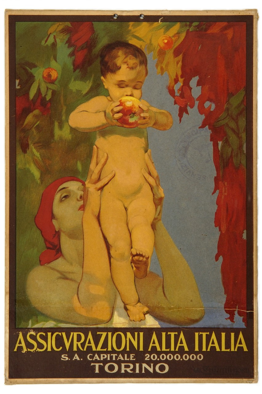 donna solleva un bambino per fargli cogliere un frutto (locandina) - ambito italiano (sec. XX)