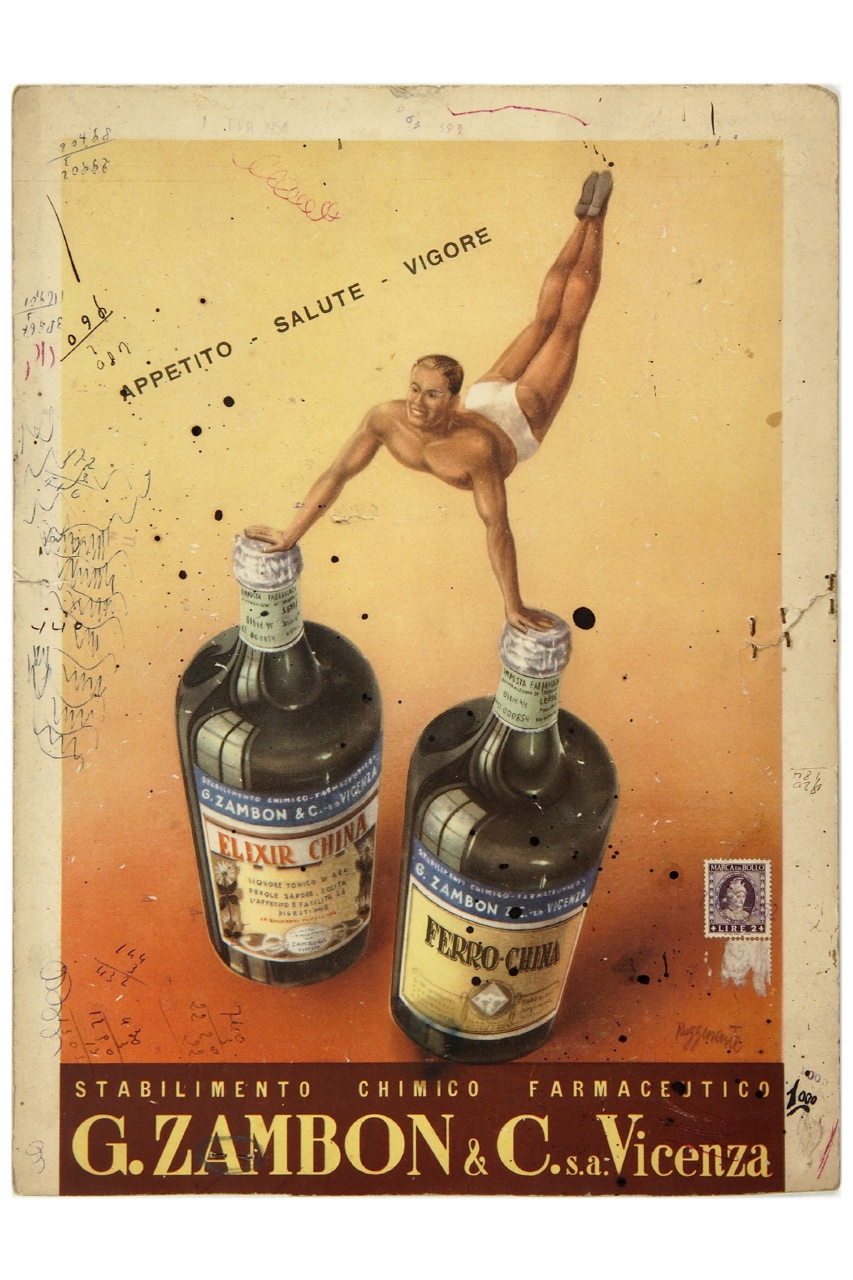 atleta in equilibrio su coppia di grandi bottiglie (locandina) di Ruzzenente Tolmino (sec. XX)
