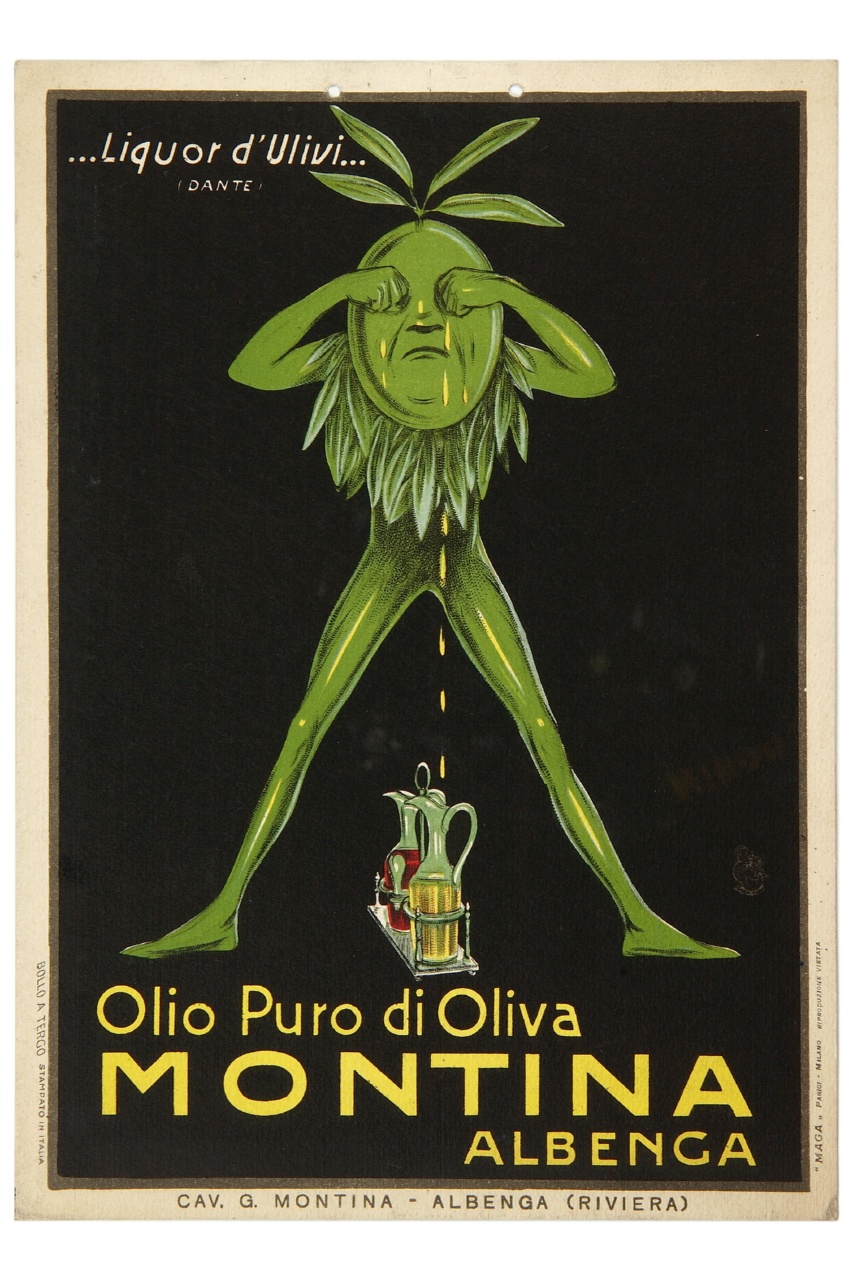 folletto verde con testa di oliva si sfrega gli occhi e fa sgocciolare olio in un'oliera (locandina) di MAGA (sec. XX)