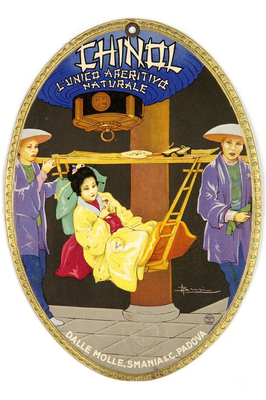 interno giapponese con figure in abiti tradizionali; figura femminile che beve un chinol mentre è seduta su un Kago trasportato a braccia (locandina) di Busi Adolfo (sec. XX)