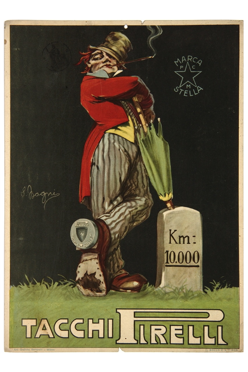 uomo fuma sigaro appoggiato a pietra miliare (locandina) di Bagni Silvio (sec. XX)