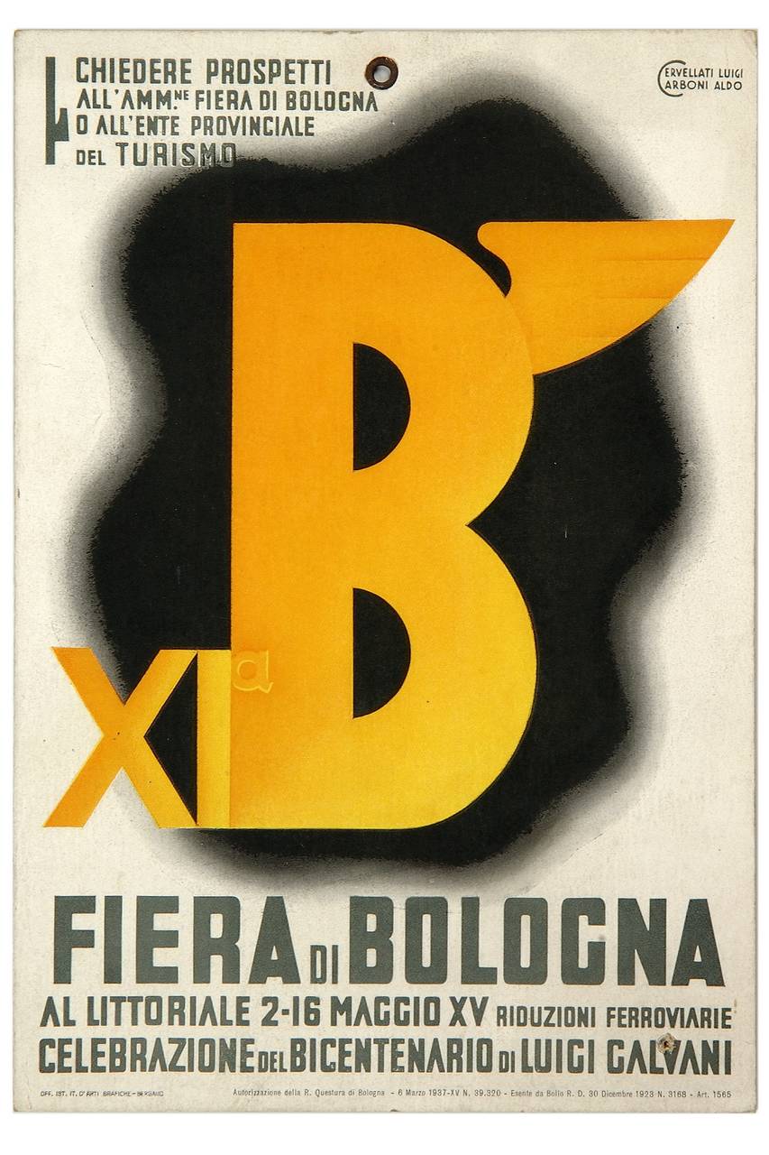 (recto) grande B gialla alata su fondo nero (locandina) di Cervellati Luigi, Carboni Aldo (sec. XX)