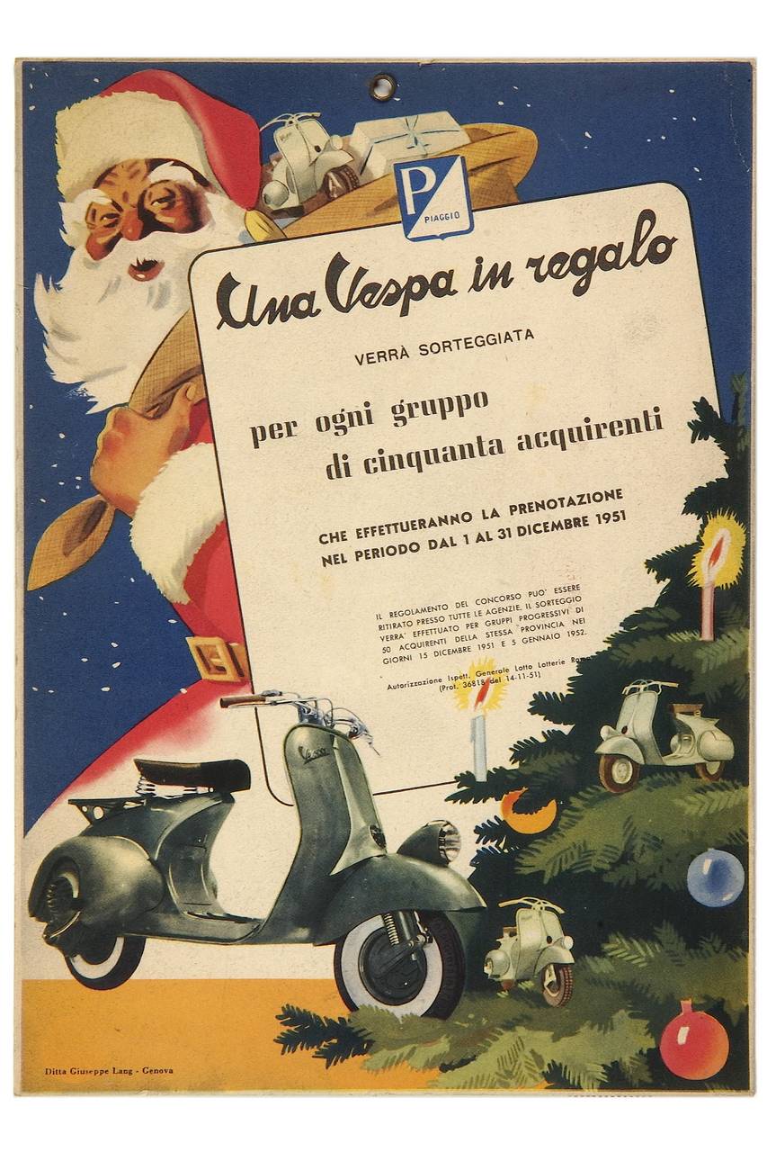 Babbo Natale con Vespa Piaggio e doni nel sacco e, in primo piano, Vespa e albero di Natale (locandina) - ambito italiano (sec. XX)