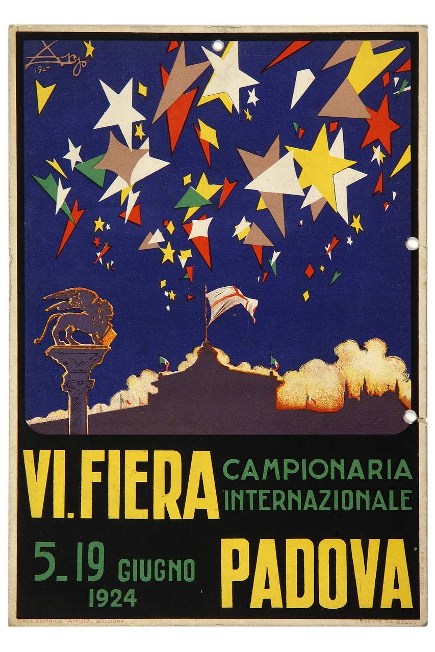 stelle colorate sovrastanti lo skyline della città di Padova con Colonna marciana in primo piano (locandina) di Argo - Creazione Marche di Pubblicità (sec. XX)