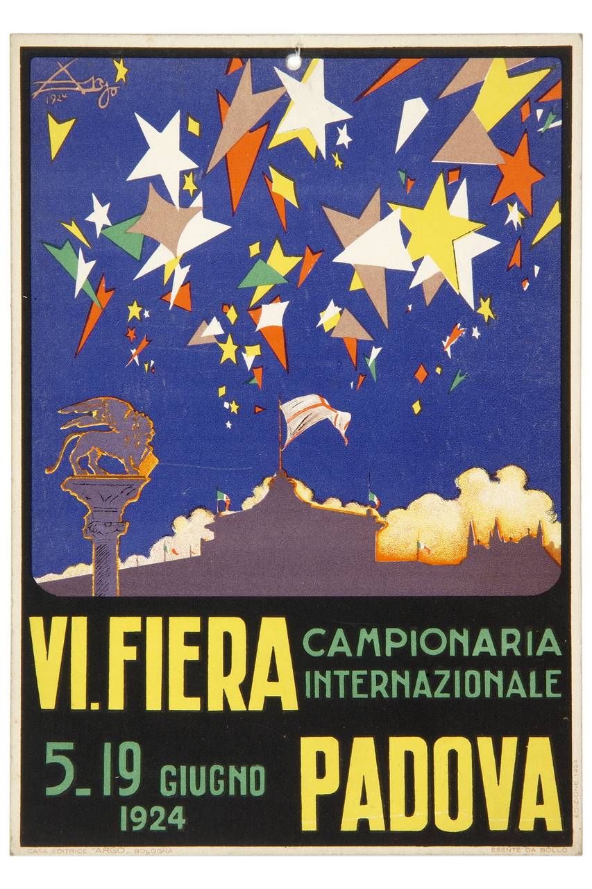 stelle colorate sovrastanti lo skyline della città di Padova con Colonna marciana in primo piano (locandina) di Argo - Creazione Marche di Pubblicità (sec. XX)