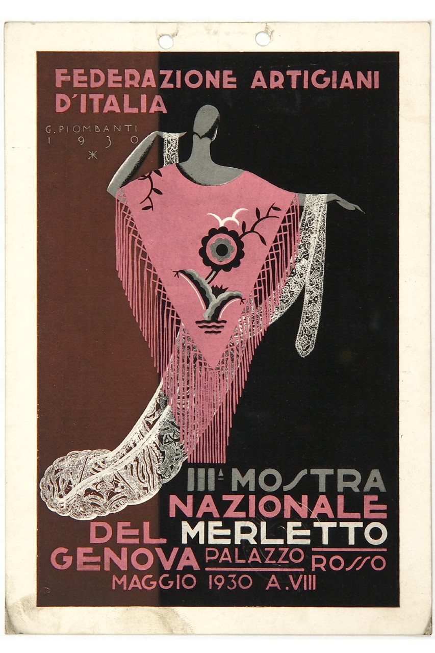 manichino femminile con abito rosa decorato da stampe, frange e merletti (locandina) di Piombanti Ammannati Giuseppe (sec. XX)