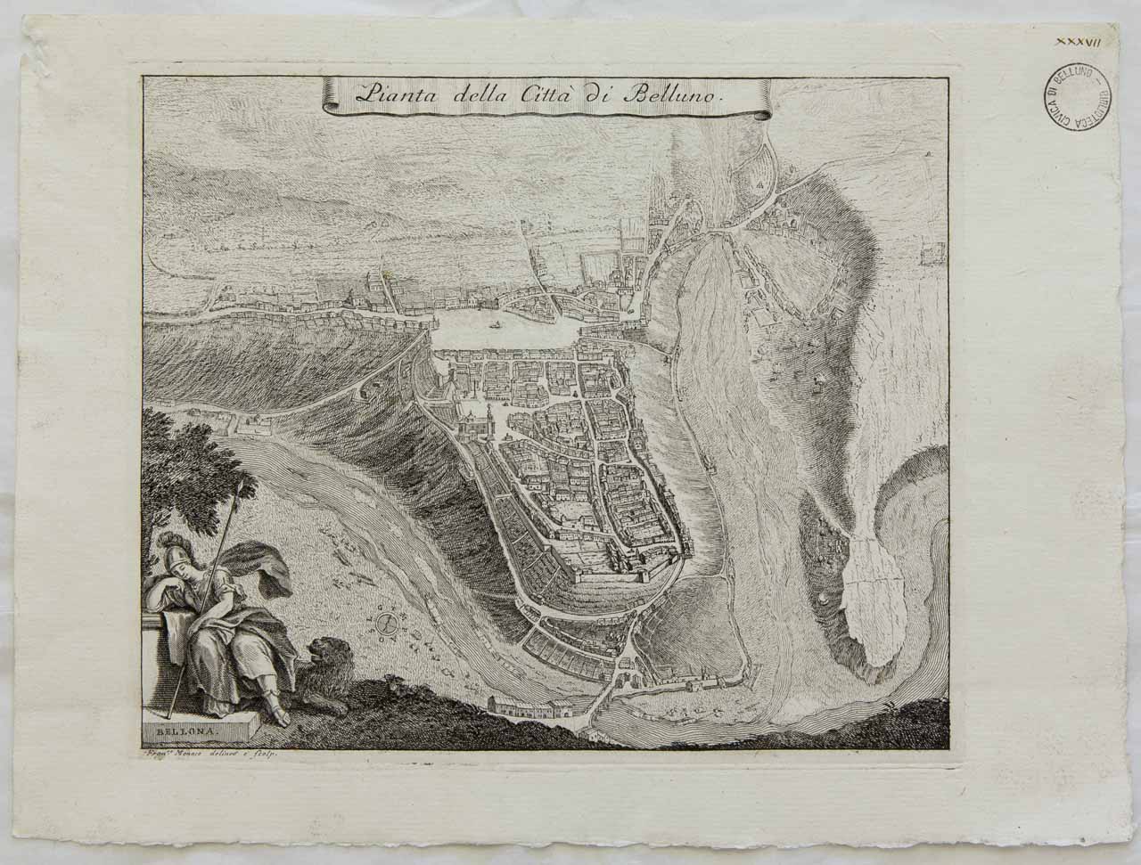 Veduta di Belluno a volo d'uccello (stampa) di Monaco Francesco, Monaco Francesco - ambito bellunese (metà sec. XVIII)