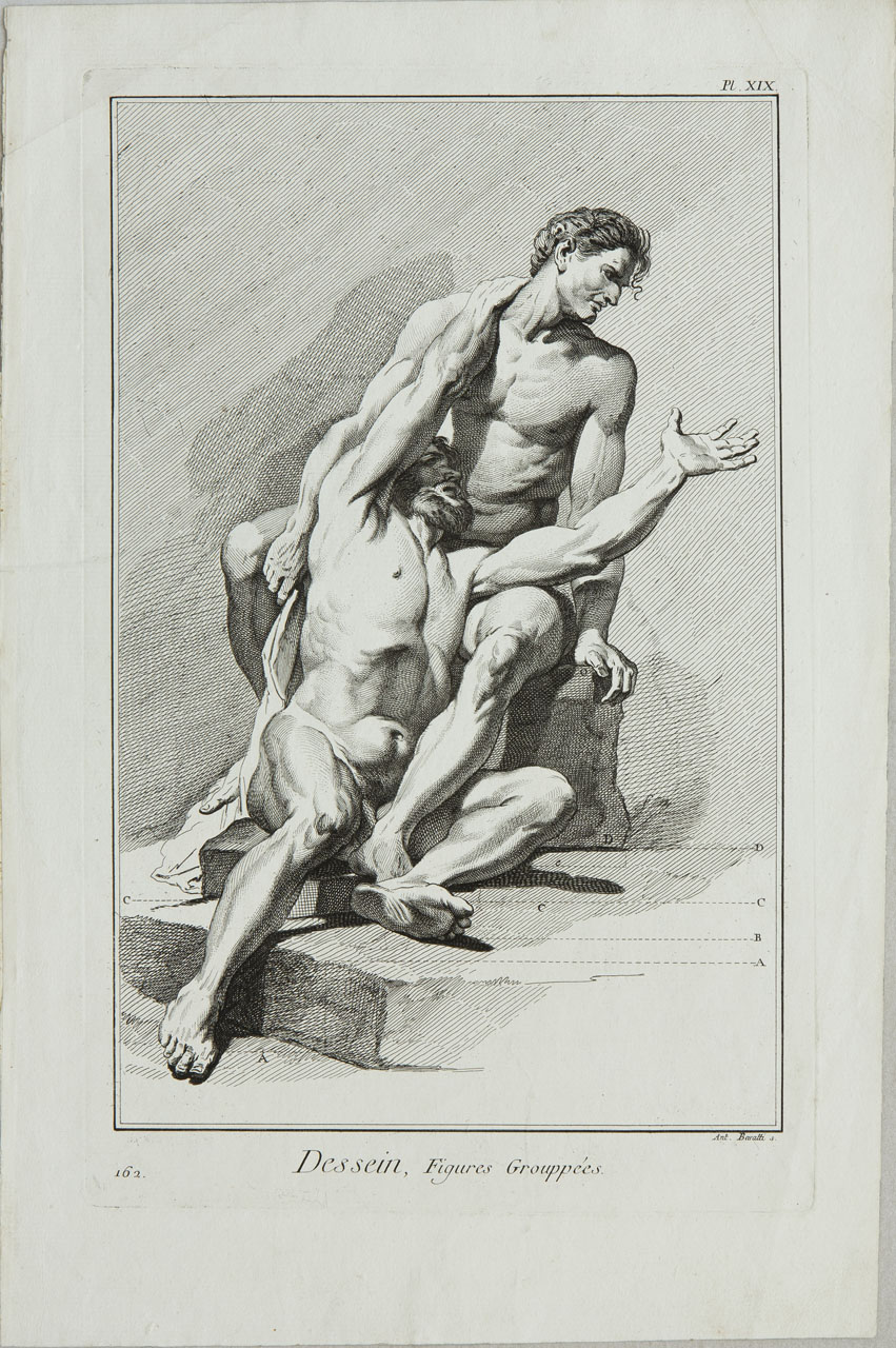 Studio accademico di due nudi maschili seduti (stampa) di Baratti Antonio - ambito bellunese (sec. XVIII)