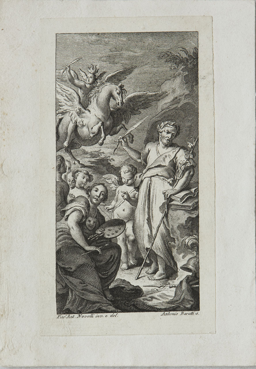 Allegoria delle arti, Antiporta per il Ricciardetto di Niccolò Carteromaco, vol. II (stampa smarginata) di Baratti Antonio, Novelli Pietro Antonio - ambito bellunese (sec. XVIII)