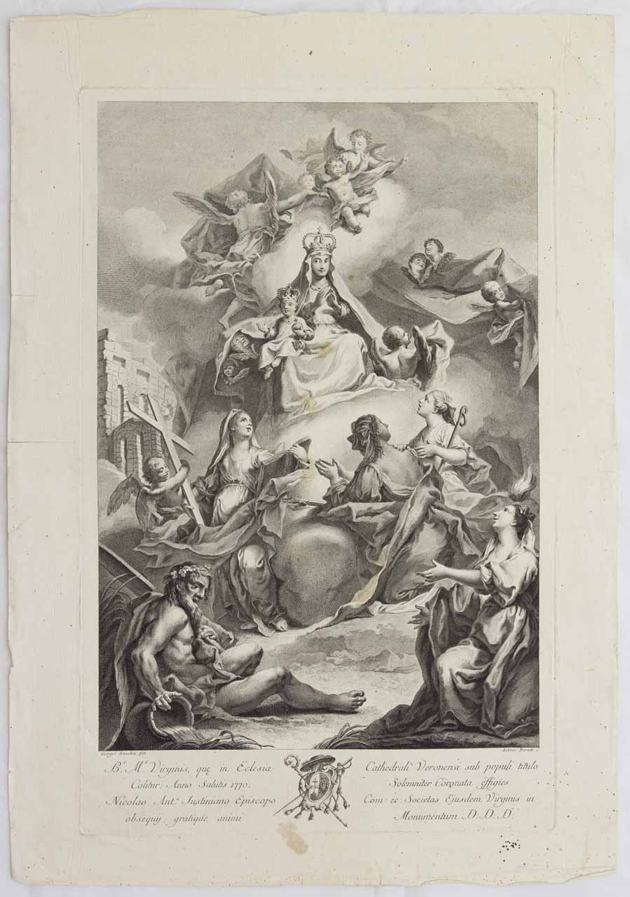 Madonna con Bambino tra putti, sante e divinità fluviale (stampa) di Baratti Antonio, Anselmi Giorgio - ambito bellunese (sec. XVIII)