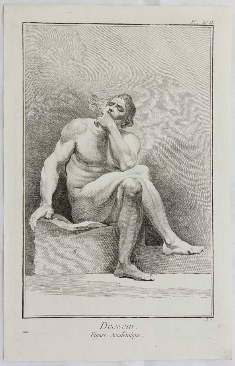 Studio accademico di nudo maschile seduto (stampa) di Baratti Antonio - ambito bellunese (sec. XVIII)