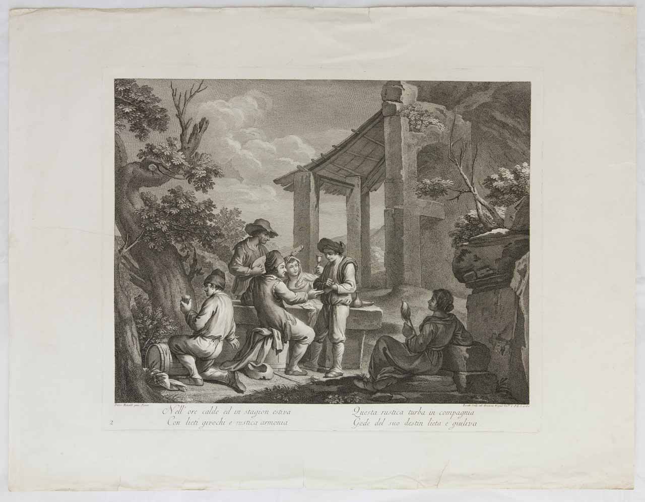 Paesani in riposo (stampa) di Baratti Antonio, Monaldi Pietro - ambito bellunese (sec. XVIII)