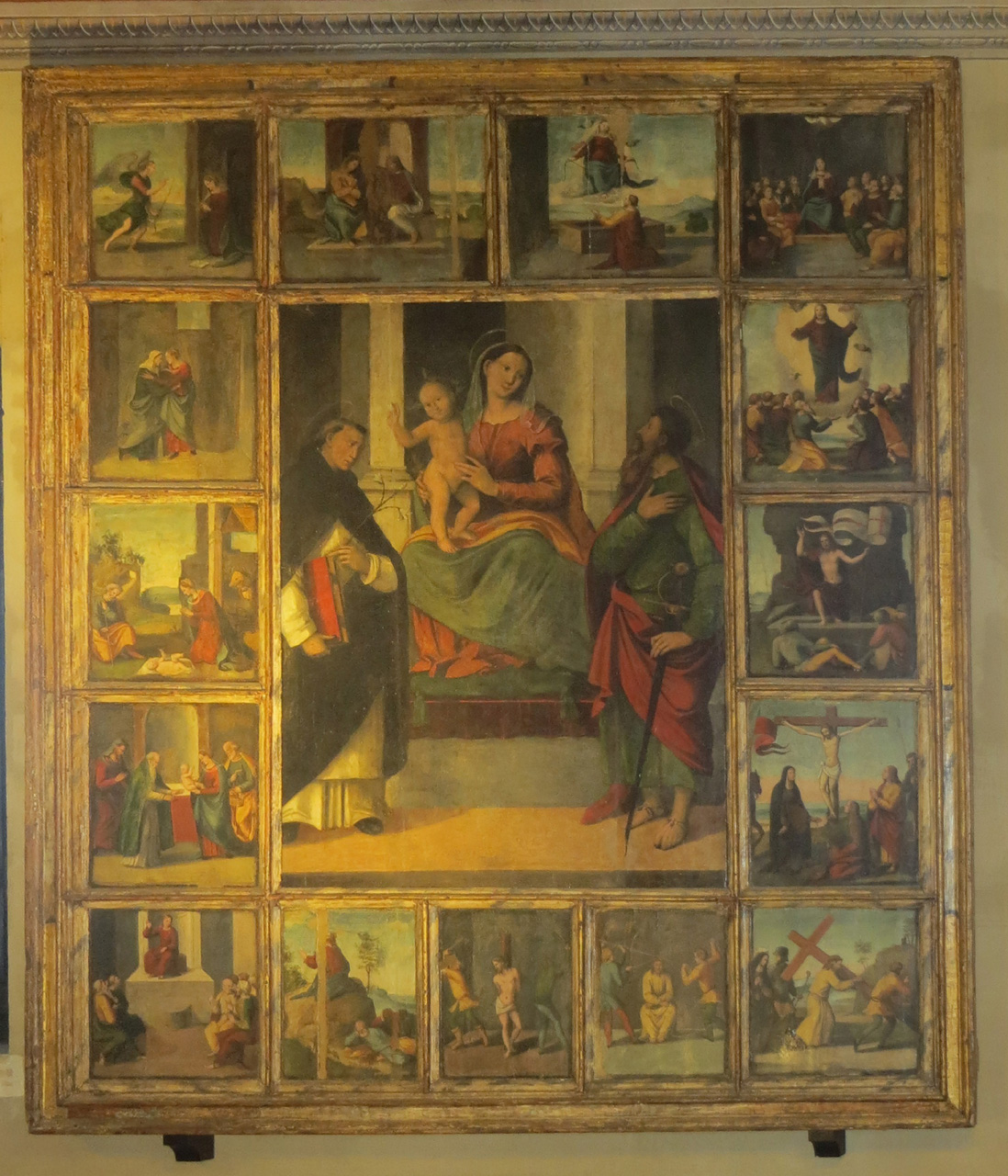Madonna col Bambino con i santi Domenico e Paolo e i Misteri del Rosario (dipinto) di Coda Benedetto (bottega) (prima metà sec. XVI)