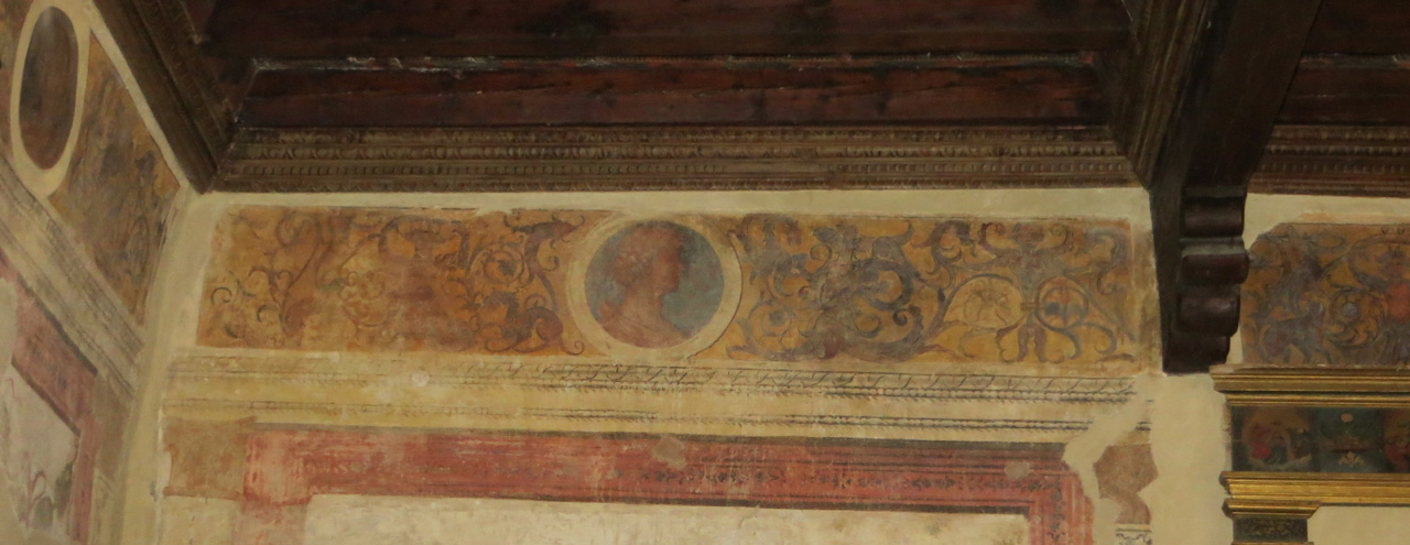 Giochi di Putti, fregio con grottesche e medaglioni contenenti profili e stemmi (dipinto, elemento d'insieme) di Marchesi Girolamo (attribuito) (sec. XVI)
