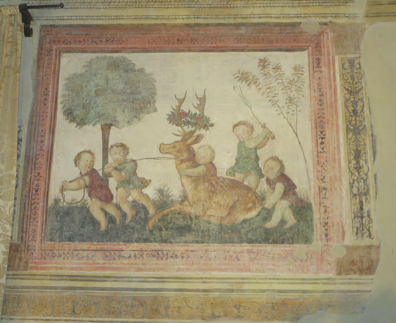 Giochi di Putti, caccia al cervo (dipinto, elemento d'insieme) di Marchesi Girolamo (attribuito) (sec. XVI)
